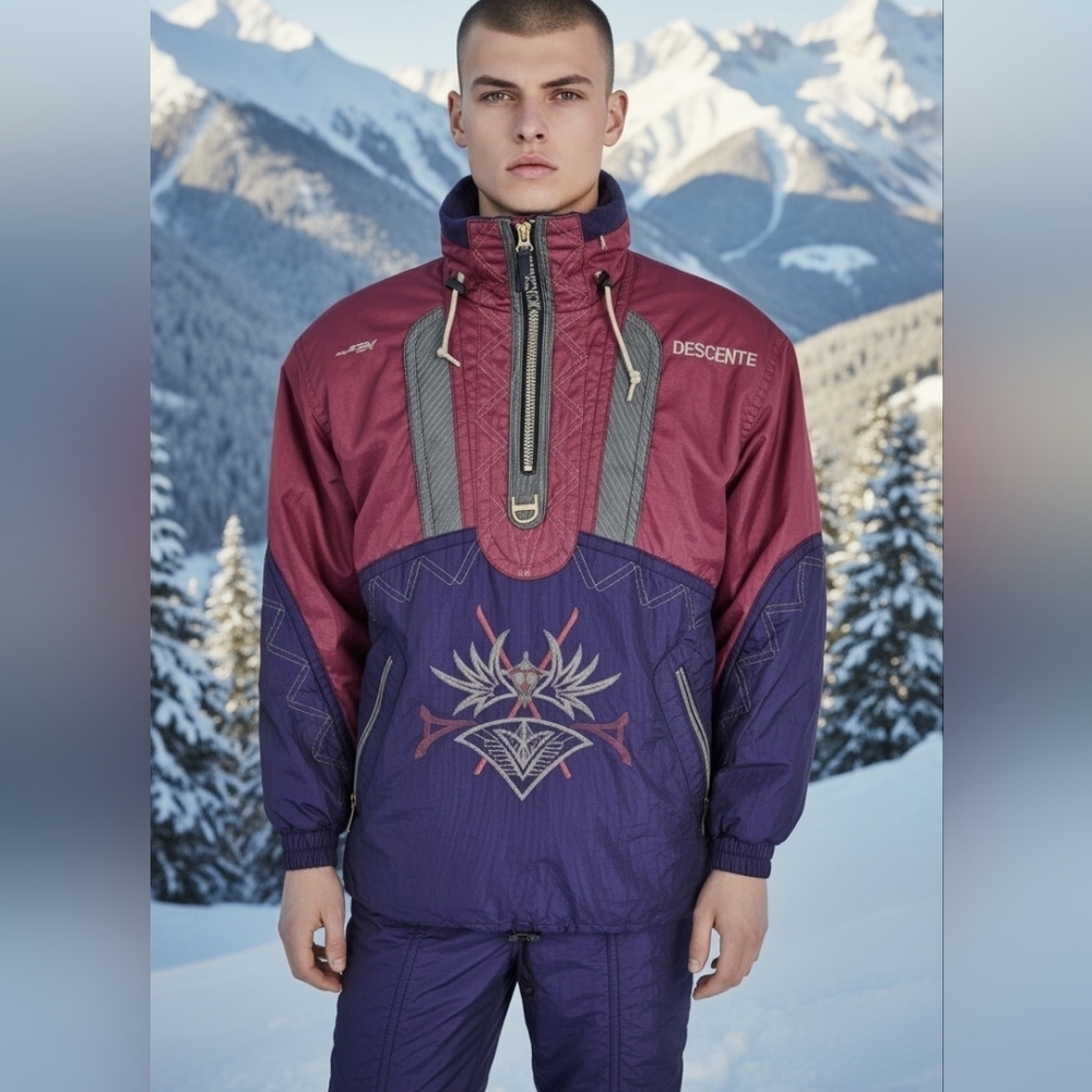 Vtg Descente Ski Suit Mens 2 Piece Snow Set Jacket Pants Purple Magenta Retro 90